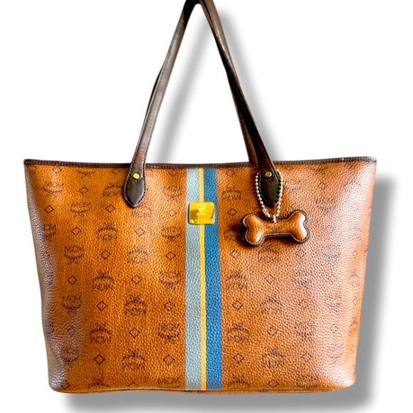 MCM Handbags - MCM Visetos Dog Bone Striped Shopper Tote Bag Cognac Brown & Blue